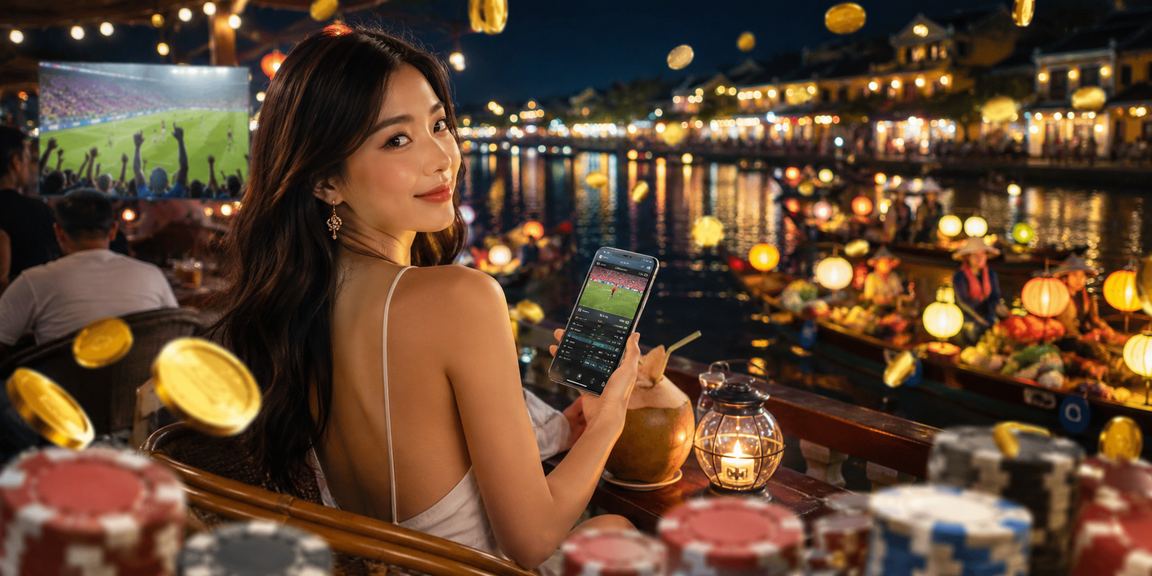 Người dùng tại Hội An thư giãn trong quán cà phê và kiểm tra khuyến mãi cá cược trên điện thoại
